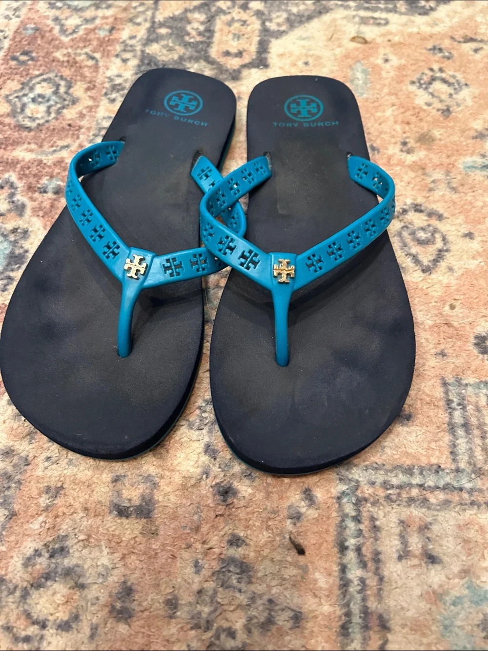 Tory Burch Teal Logo Thong Sandals
